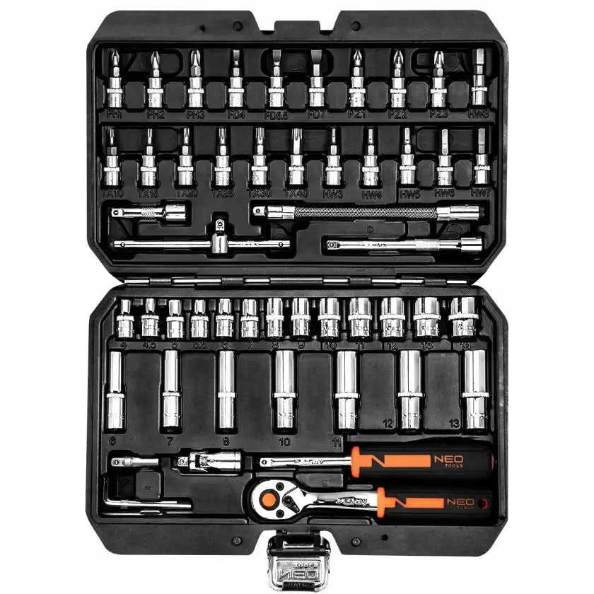 Neo pipenøkkelsett 1/4" i koffert, sett ovenfra med 53 deler i formtilpassede rom og oransje detaljer.