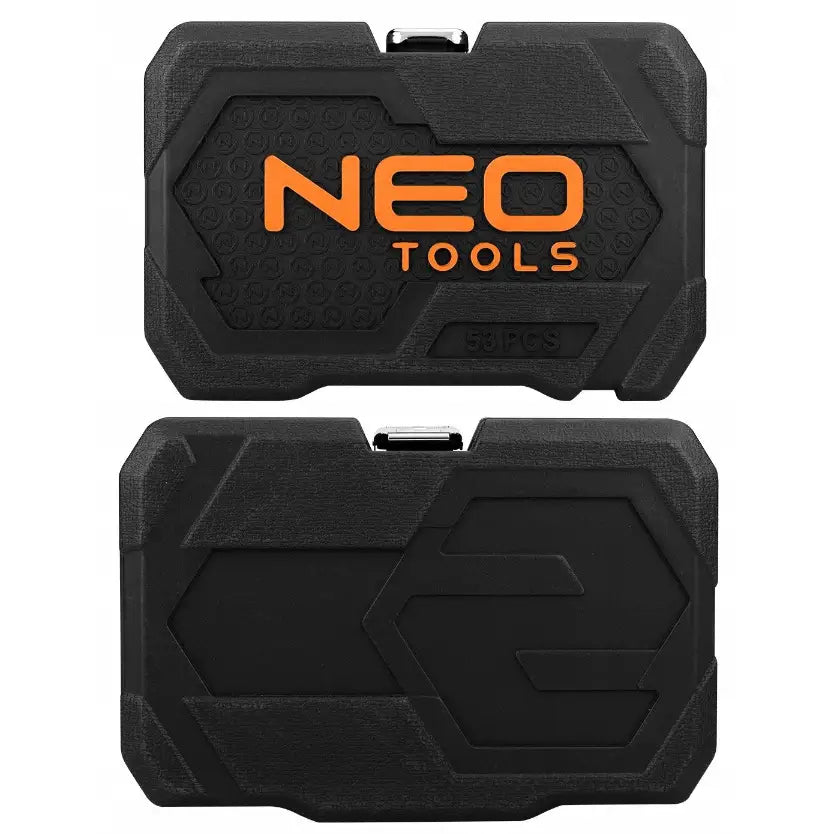 Neo pipenøkkelsett i sort koffert med oransje NEO TOOLS-logo og solide metallspenner, sett ovenfra.