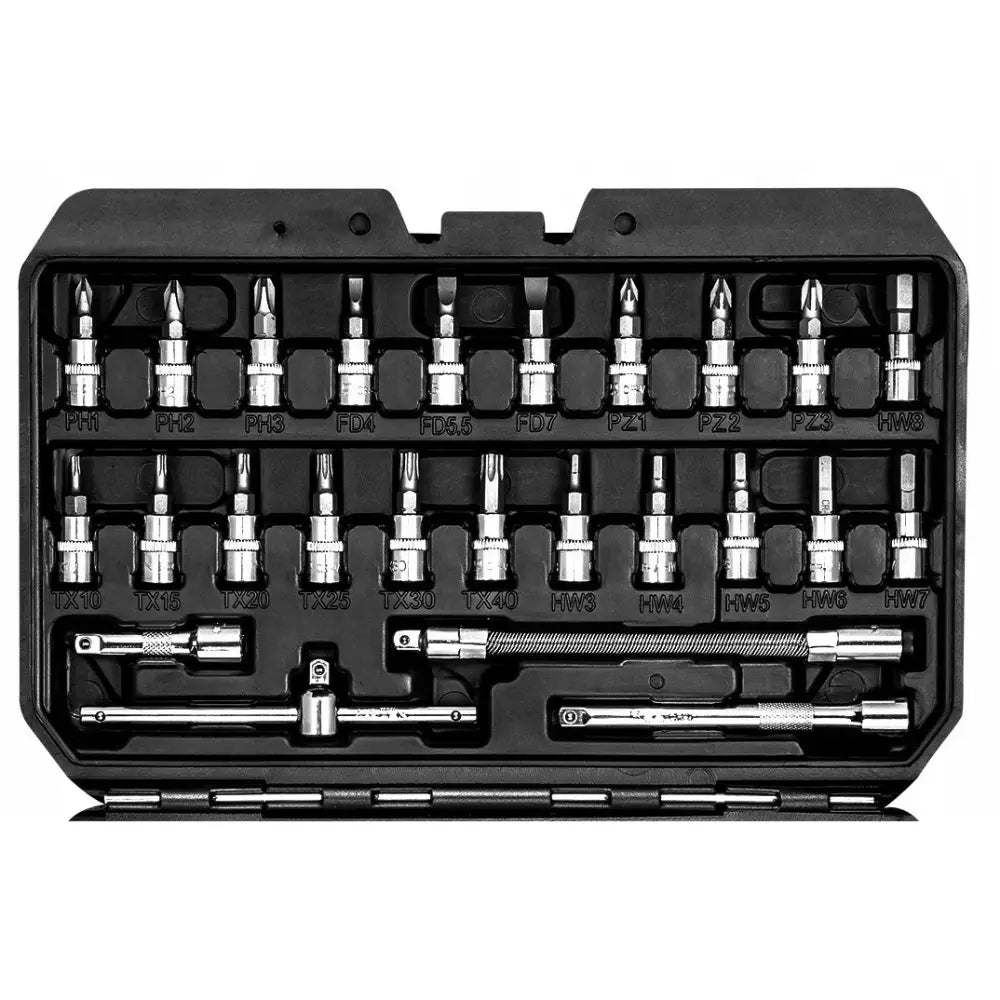 Neo pipenøkkelsett 1/4", sett i sort plastkoffert med 53 organiserte deler og synlige størrelsesmerkinger.