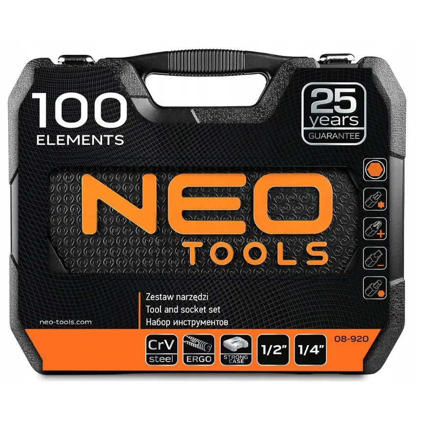 Neo pipesett verktøykoffert, frontbilde med synlig logo, bærehåndtak og detaljert innholdsoversikt på lokket.