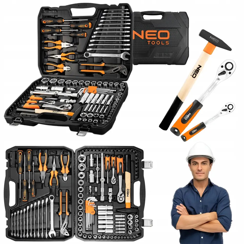 Neo Tool verktøysett med 122 deler i åpen svart koffert, synlig hammer, skralle og mann med hjelm.