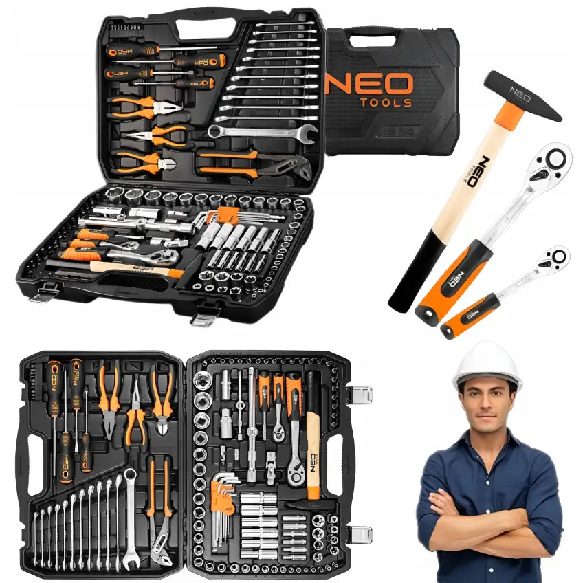 Neo Tool verktøysett med 122 deler, åpen koffert, hammer, skralle og mann med hvit hjelm i fokus.