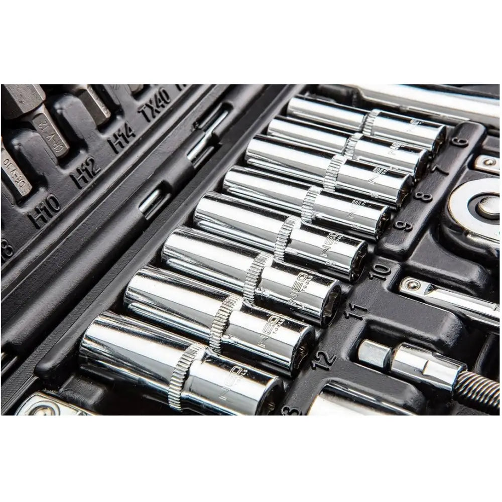 Neo Tools pipesett, nærbilde av krombelagte pipes med synlig størrelsesmerking i sort koffert.