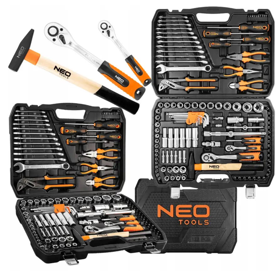Neo verktøysett med 122 deler, sort og oransje verktøy organisert i plastkoffert med synlig NEO Tools-logo.