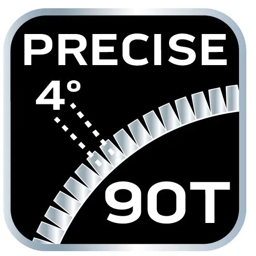 Neo verktøysett grafisk ikon, viser 90-tanns sirkel og fire graders presisjon med teksten "PRECISE 4° 90T".