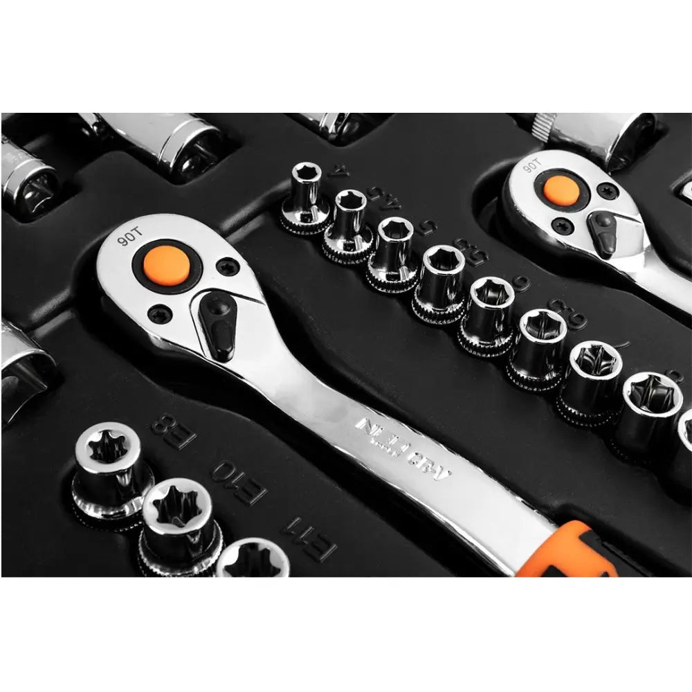 Neo verktøysett med pipenøkler, nærbilde av blanke skralle og piper med oransje detaljer i svart boks.