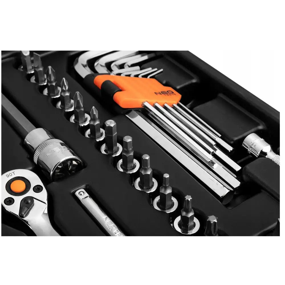 Neo verktøysett med pipenøkler, nærbilde av sort koffert med skrallehåndtak og oransje unbrakonøkler.