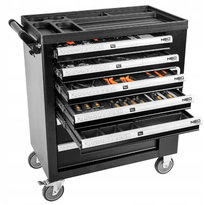 Neo verktøyskap med seks skuffer, fylt med sortert håndverktøy, metallhåndtak og hjul for mobilitet.