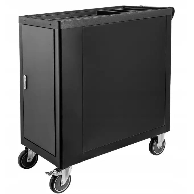 Neo verktøyskap med syv skuffer, vist fra skrå vinkel med låsbar dør og opphøyd toppkant på metalltrallen.