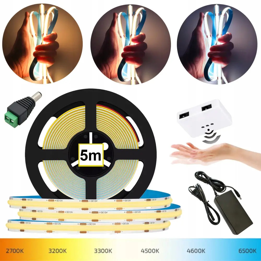 Neon COB LED-striper sett, fem meter rull med strømforsyning, dimmer og sensor, viser justerbar belysning.