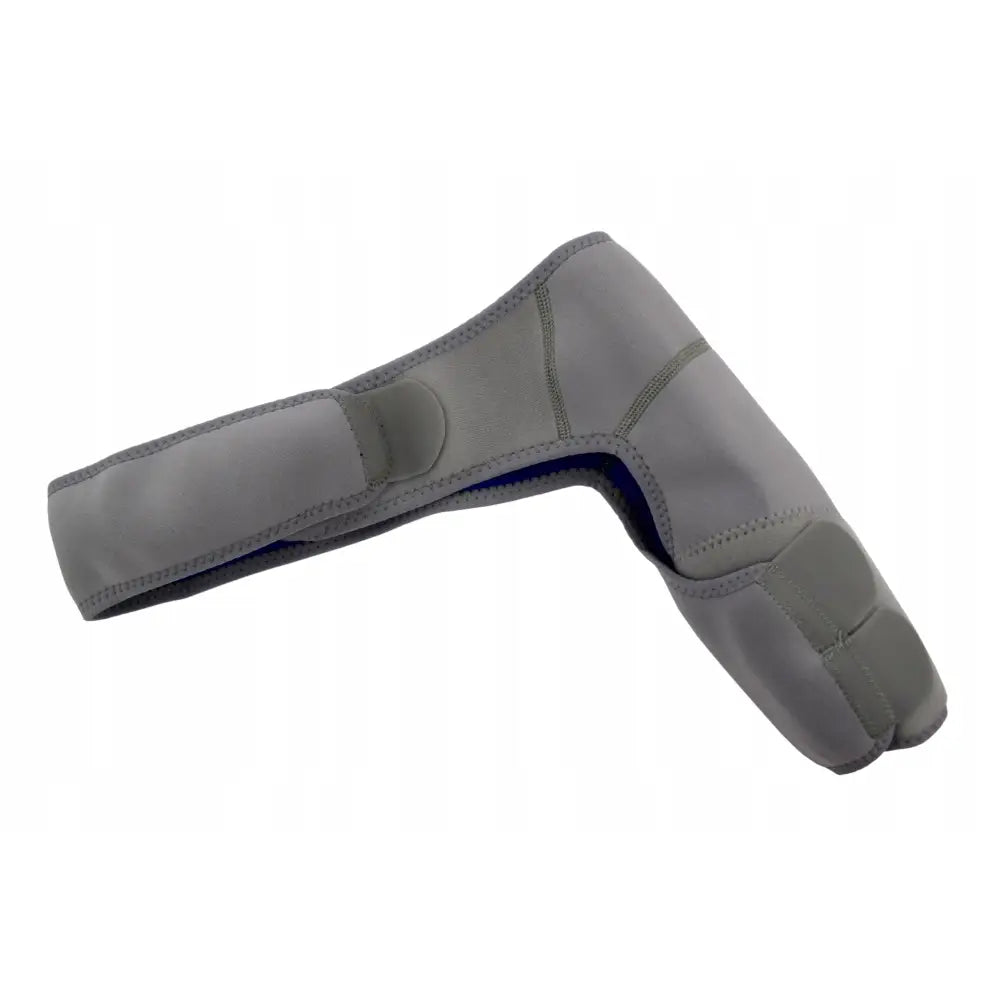 Neopren skulder- og skulderleddsstabilisator i grått, formsydd med synlige sømmer og polstrede soner.