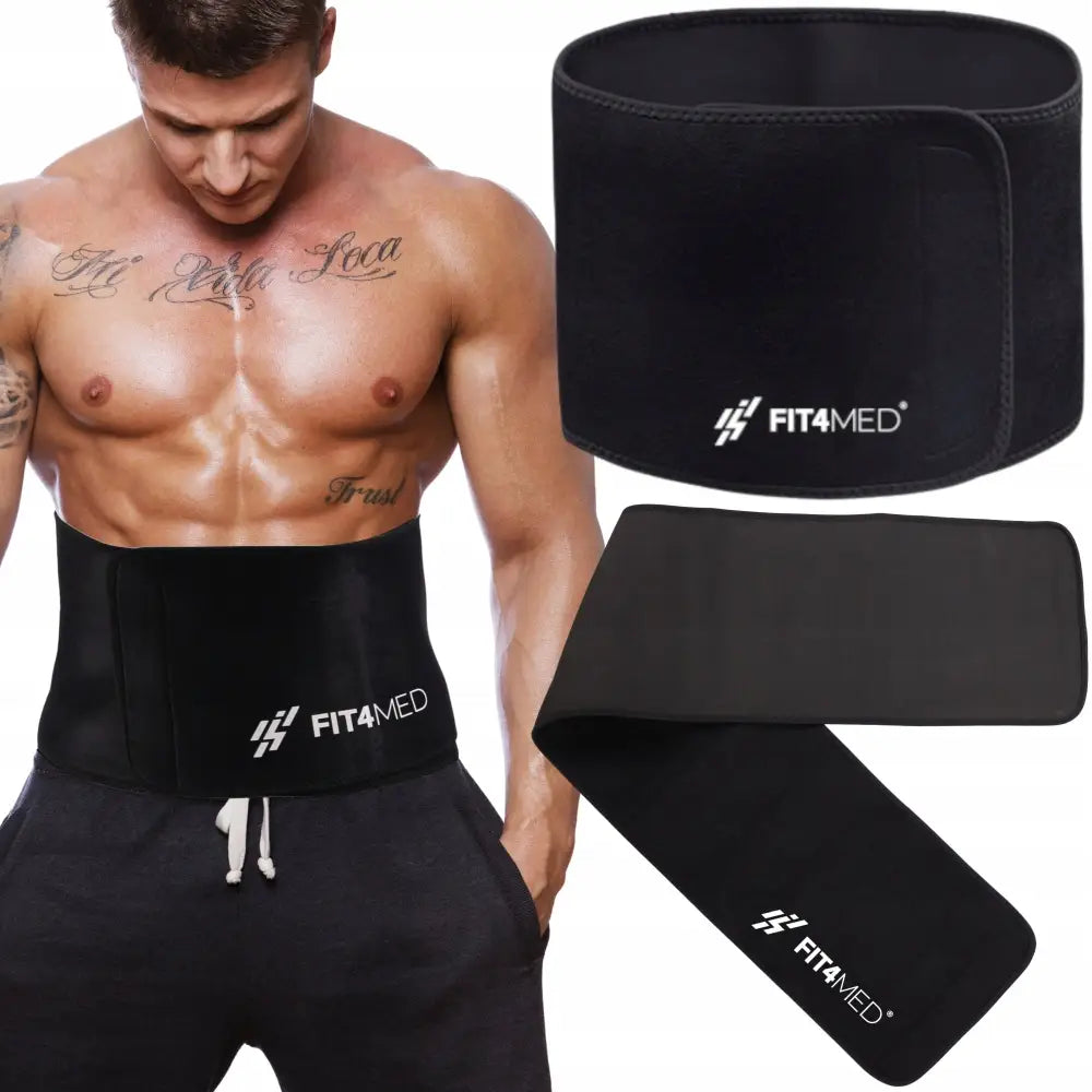 Massasjeapparat vektreduksjonsbelte i sort neopren, vist på modell rundt midjen og separat fra ulike vinkler.