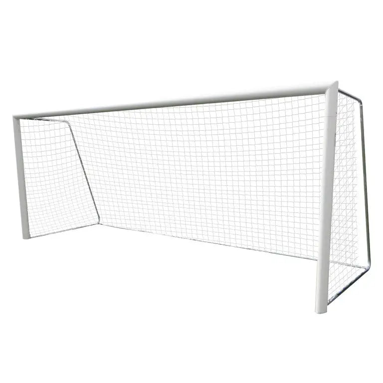 Nettportabelt fotballmål 7,32x2,44 m, skråvisning som fremhever solid hvit ramme og tettmasket nett.