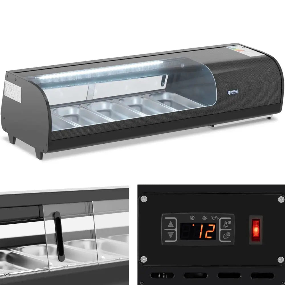 Kjøleromsdisk med buet glassfront, seks metallbakker, LED-belysning og digitalt temperaturdisplay.