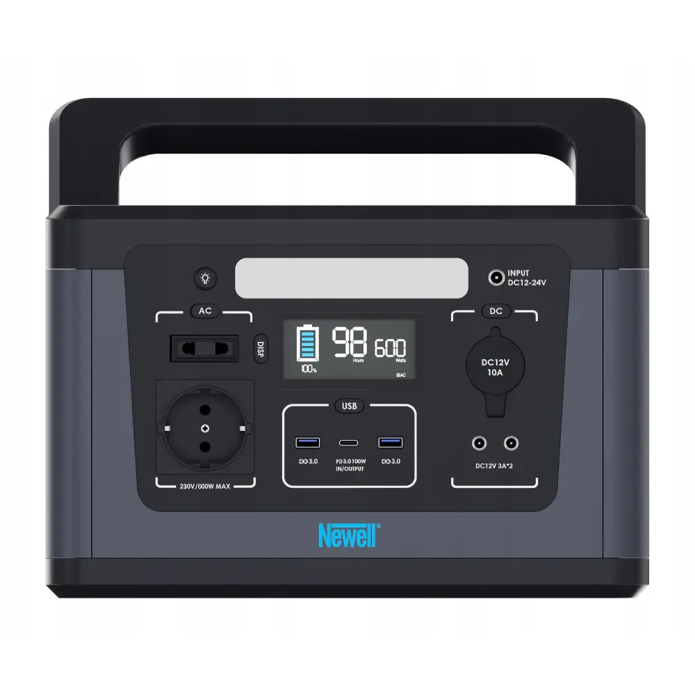 Newell Argus 600W strømstasjon, frontvisning med display, USB-porter, stikkontakter og bærehåndtak.
