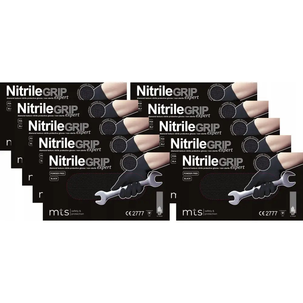 Nitrilegrip svarte nitrilhansker XL, hånd med hanske holder fastnøkkel foran esker med logo.