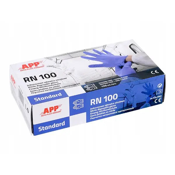 Nitrilhansker engangsbruk, blå hansker vises på eske i skrå vinkel med illustrasjon av påføring.