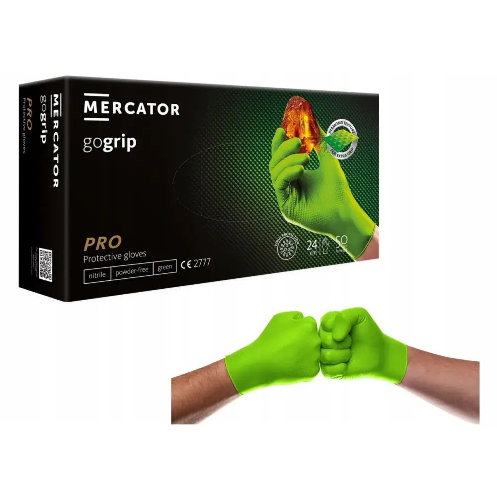 Nitrilhansker Gogrip, sterke grønne hansker vist på hender og i eske, gir sikker industriell beskyttelse.