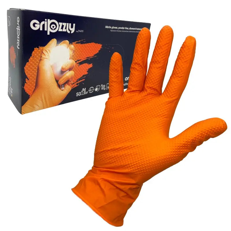 Nitrilhanske Gripzzly Orange L med diamantmønstret tekstur, vist oppå esken i bakgrunnen.