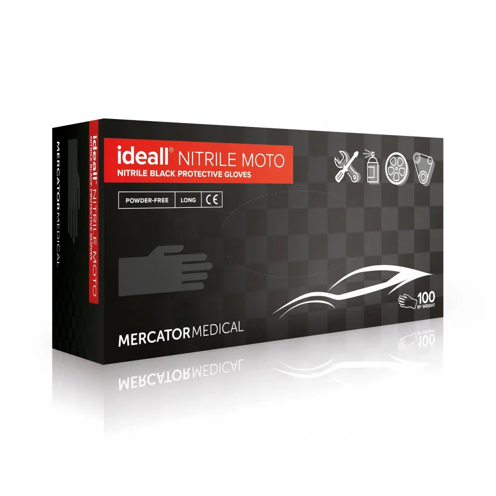 Nitrilhansker Ideall Nitrile Moto, eske i svart og rødt med bil- og verktøyillustrasjoner, sett skrått forfra.