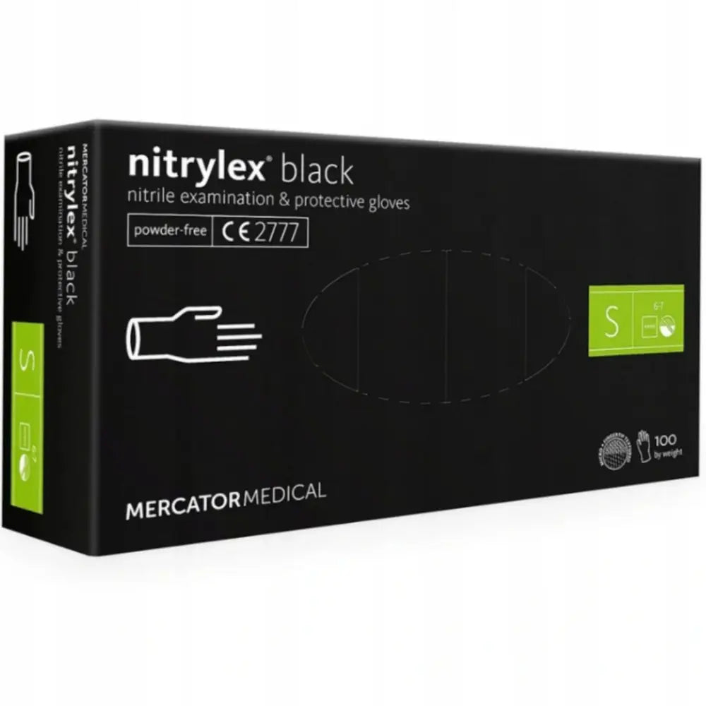 Nitrilhansker Nitrylex Black i sort eske, størrelse S markert, synlig håndikon og grønn detalj.
