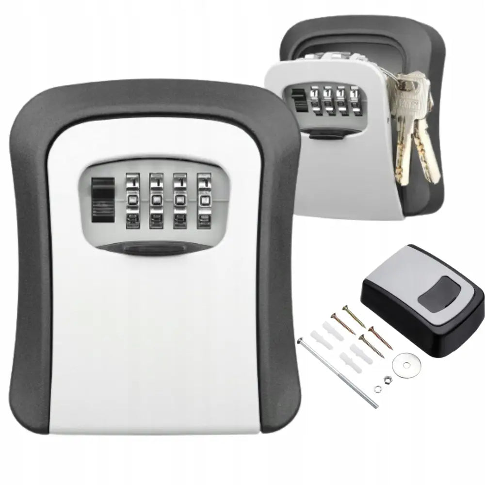 Nøkkelboks Mini Safe i sølvfarget metall, vist åpen med nøkler og firehjuls kodelås samt festemateriell.