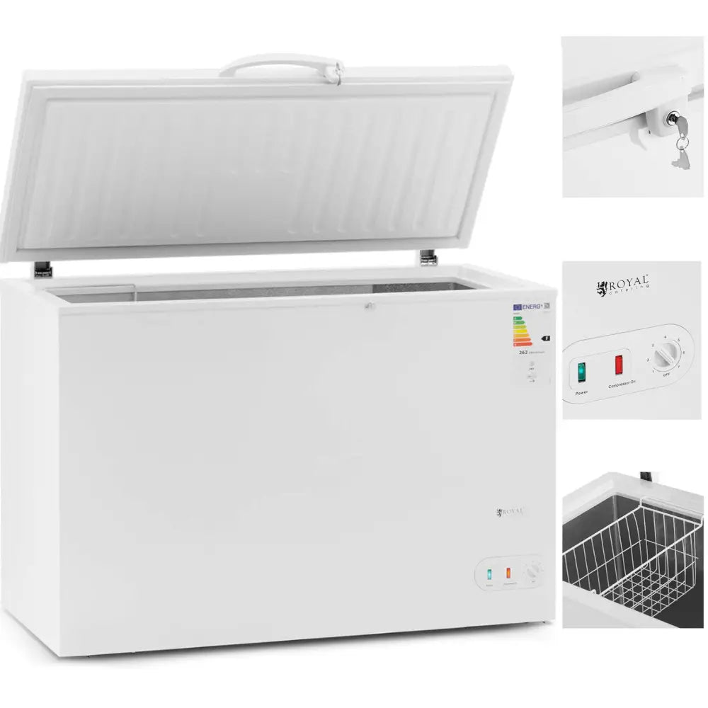 Nøkkellåst fryseboks 242L, hvit modell med åpent lokk, synlig kontrollpanel og innvendig kurv.