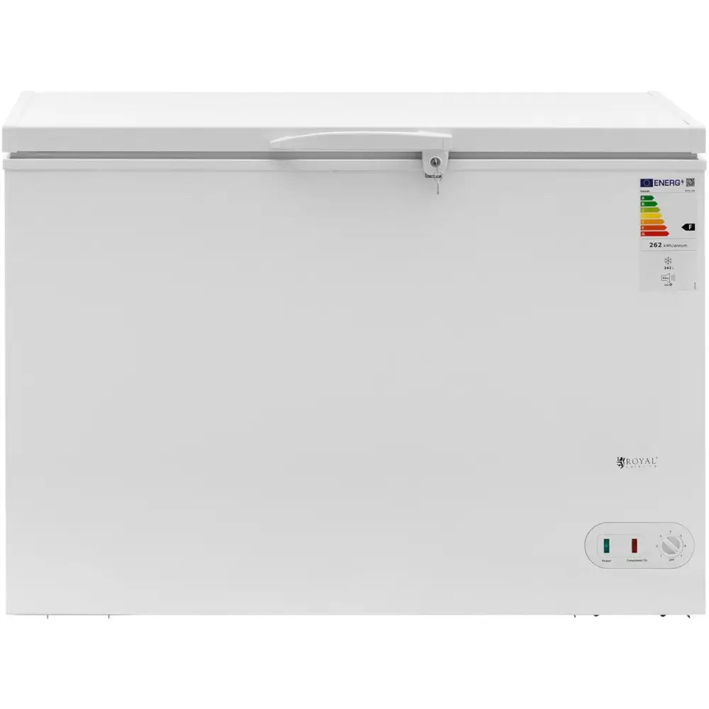 Nøkkellåst fryseboks 242L, frontvisning som fremhever låsbart håndtak, energimerke og kontrollpanel på høyre side.