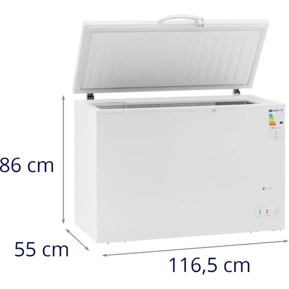 Nøkkellåst fryseboks 242L i hvitt metall, åpen topp, synlige mål 86x55x116,5 cm, sett skrått forfra.