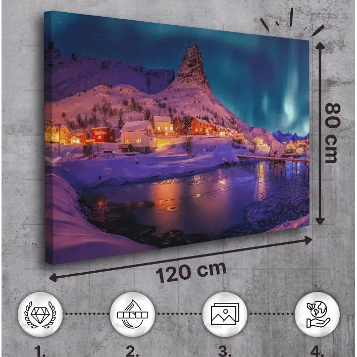 Norsk vinter og nordlys lerretsbilde i blå og lilla nyanser, 120x80 cm, mot grå betongvegg.