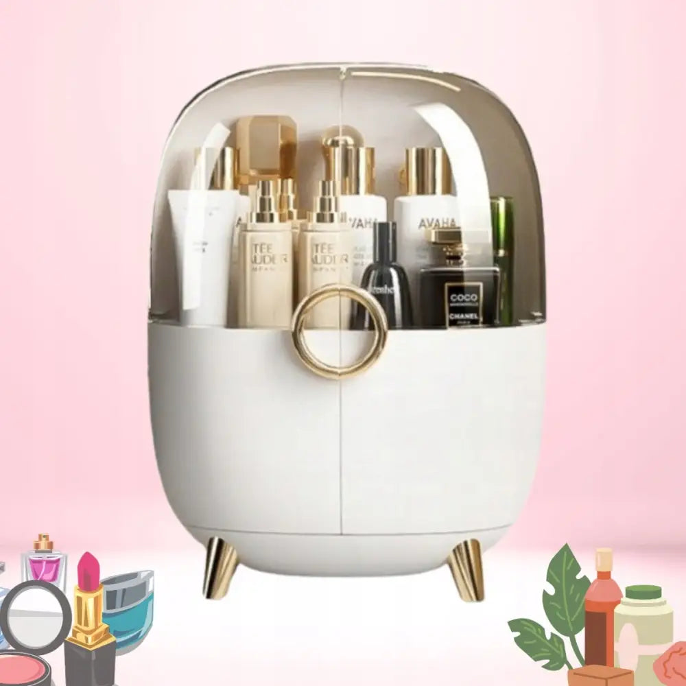 Hvit "Ring" Organizer smykkeskrin med gullben, transparent lokk og stor gullring som front-håndtak.