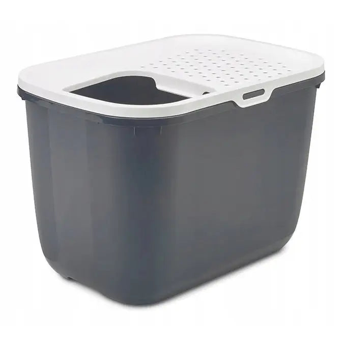 Savic Hop In Top Entry kattetoalett med mørkegrå beholder og hvitt lokk med åpning og luftehull, sett fra siden.