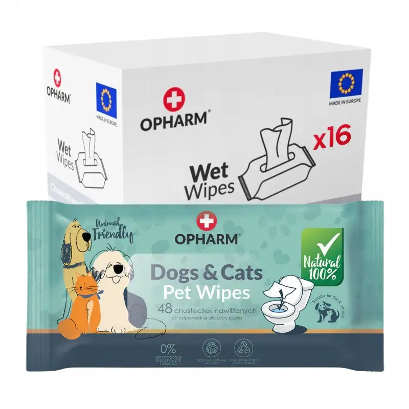 Økologiske våtservietter for dyr, grønn pakke med dyremotiv og 100% naturlig-merking, eske med produktnavn bak.