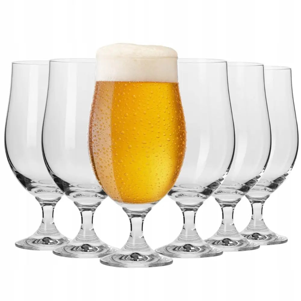 Ølglass Krosno 500 ml, seks glass hvor ett foran er fylt med gyllen øl og skum, dråper på utsiden.
