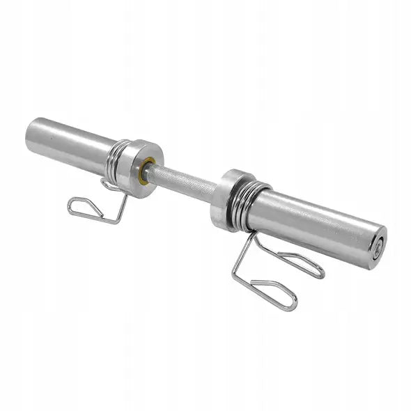 Olympisk stang 50 cm, sølvfarget metallstang med to fjærlåser, nærbilde mot hvit bakgrunn.