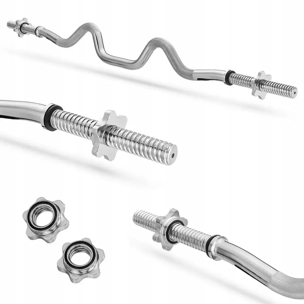 Olympisk sterkt bøyd stang 120cm fra Gymtek, forkrommet med gjenger og stjernelåser mot hvit bakgrunn.