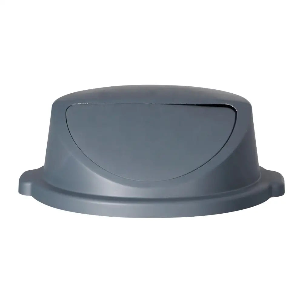Omslagsløsning for rund 120L beholder, grått plastlokk med svingdør og avrundede kanter sett forfra.