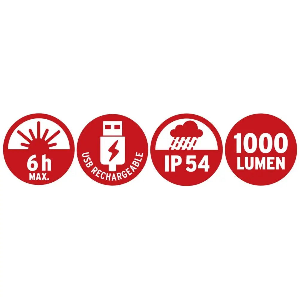 Fire røde ikoner illustrerer arbeidslampens 6 t batteritid, USB-lading, IP54 og 1000 lumen lysstyrke.