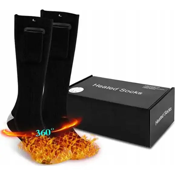 Oppvarmede elektriske sokker i svart, høy modell med varmeillustrasjon og eske merket "Heated Socks".