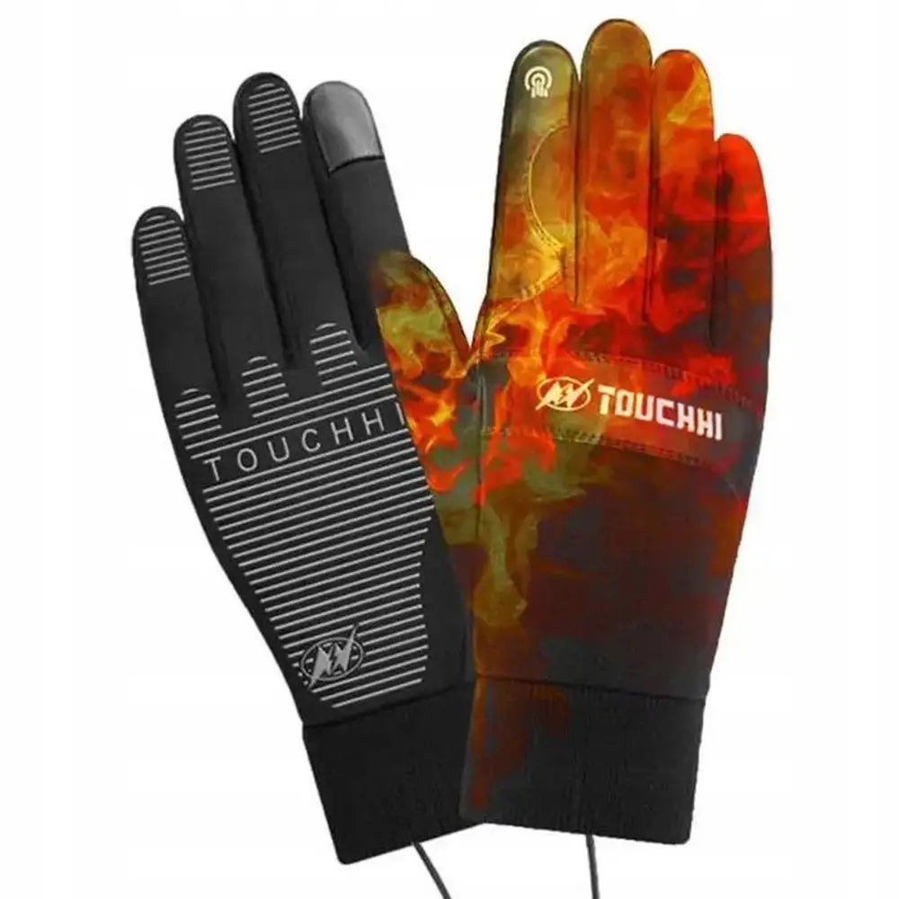 Oppvarmede hansker med USB, svart design, flammeeffekt, reflekterende striper og berøringsvennlig pekefinger.