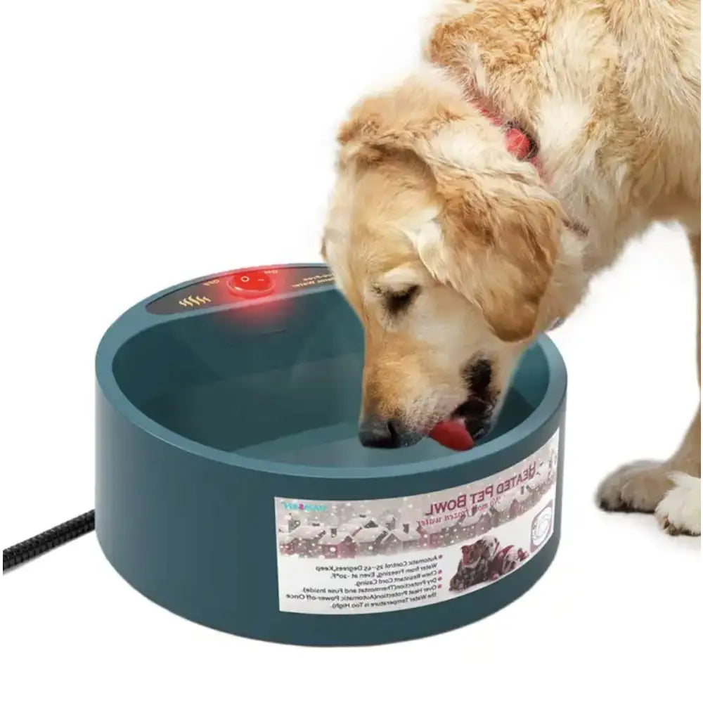 Oppvarmet vannskål for hund og katt, lyseblå plast med kontrollpanel, strømkabel og hund som drikker.