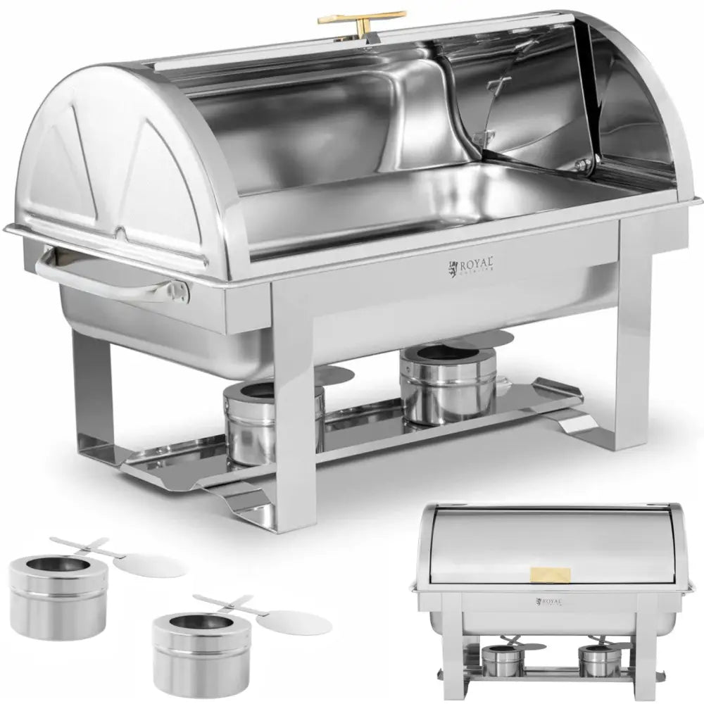 Serveringsfat i rustfritt stål GN 1/1 med avrundet lokk, sidehåndtak og tilbehør foran, sett fra siden.