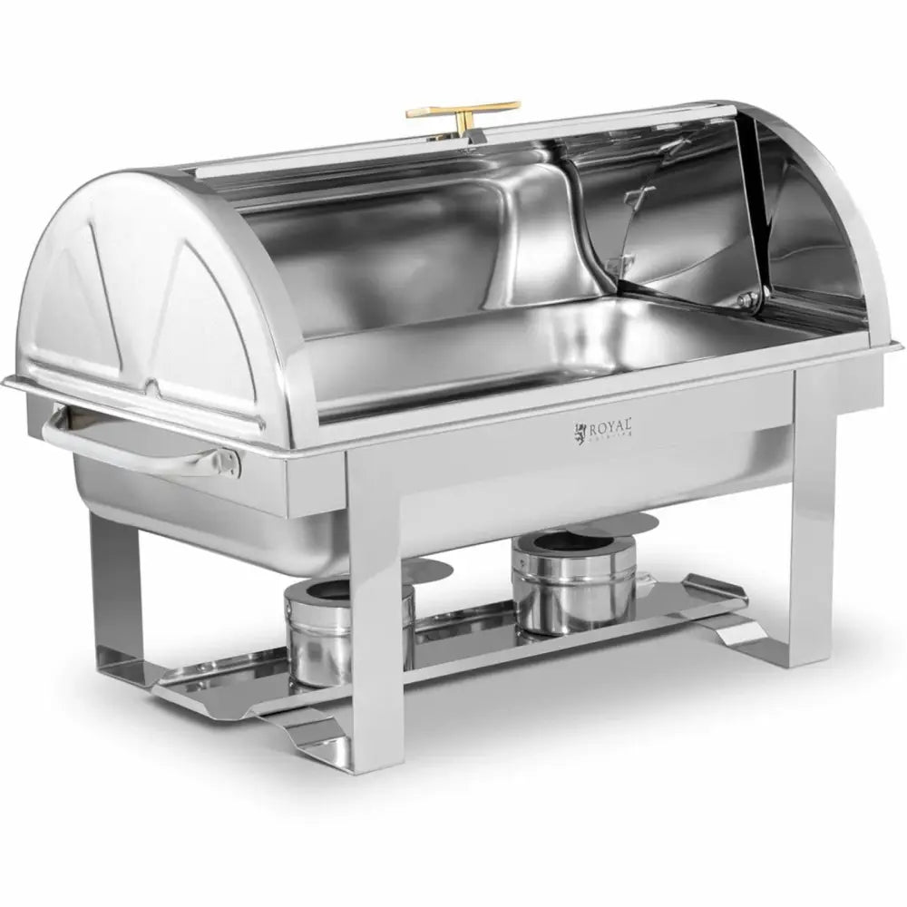 Serveringsbeholder i rustfritt stål GN 1/1, lokk delvis åpent, to varmekilder synlige under.