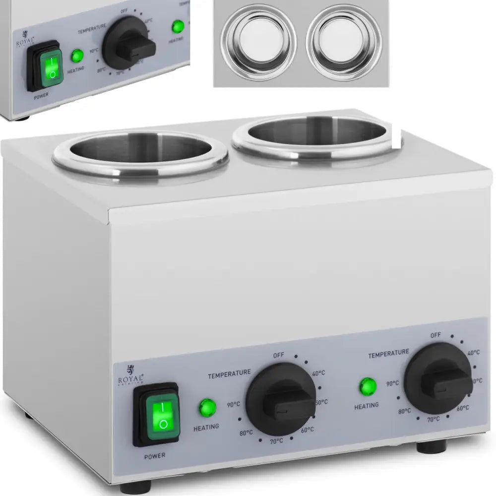 Oppvarmingsenhet for sauser med to runde beholdere, frontpanel med kontrolllys og temperaturvalg.
