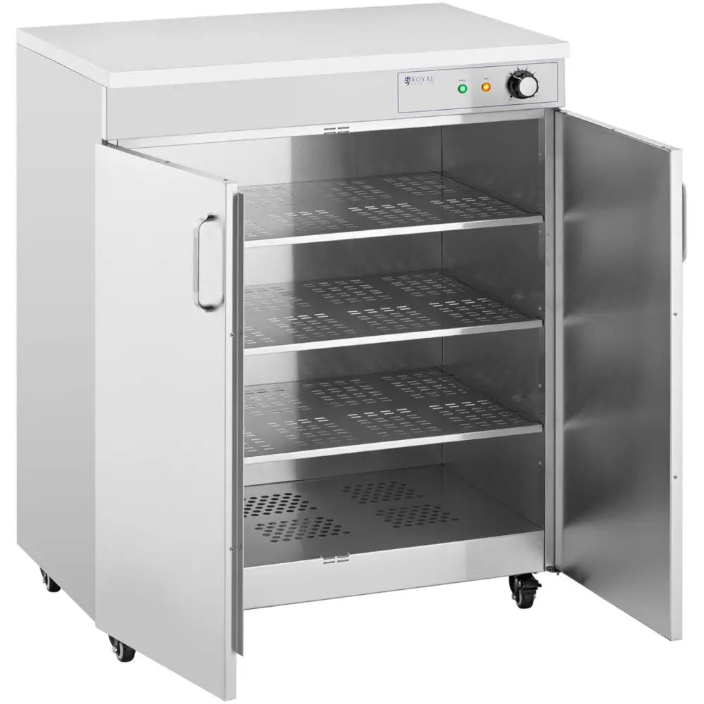 Oppvarmingsplate skapvarmer på hjul, åpne dører viser fire perforerte hyller og synlig kontrollpanel øverst.