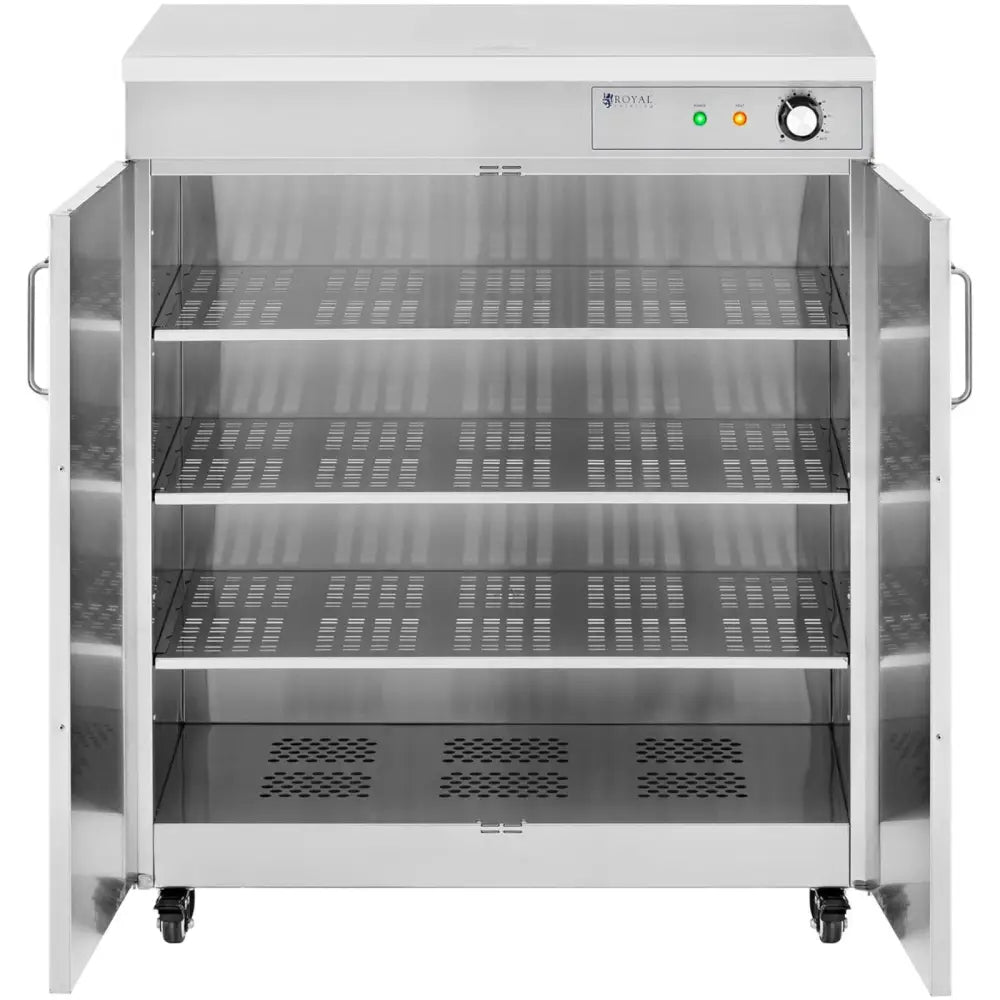 Oppvarmingsplate skapvarmer med åpne dører, viser perforerte hyller og kontrollpanel med bryter og indikatorlys.