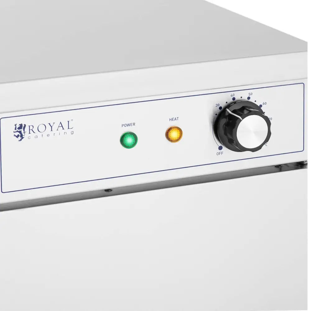 Oppvarmingsplate skapvarmer, nærbilde av kontrollpanel med indikatorlamper og sort temperaturknapp.