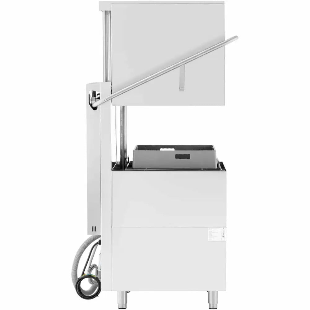 Oppvaskmaskin for tallerkener og glass, sidevisning med åpen topp og synlig kurvinnsats, slanger til venstre.