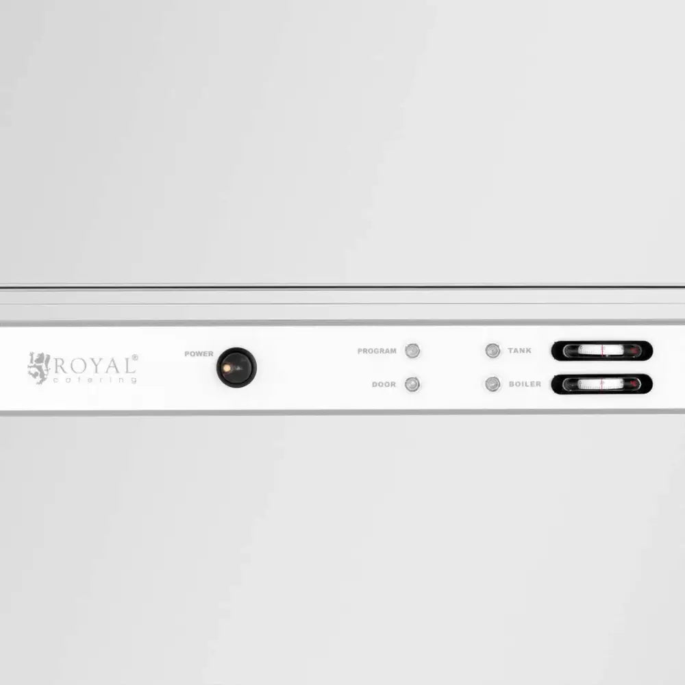 Kontrollpanel på oppvaskmaskin, rustfritt stål med brytere, indikatorlys og to analoge målere.