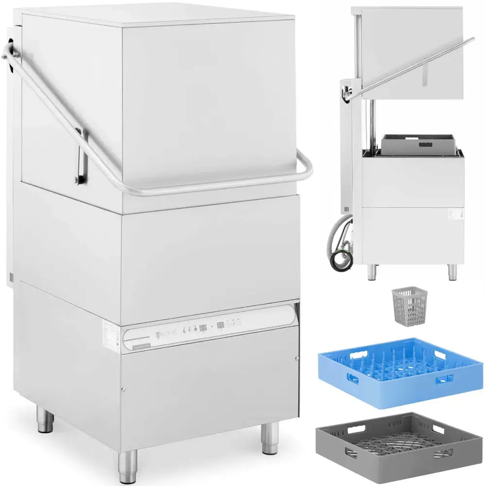 Industriell oppvaskmaskin i rustfritt stål med åpen hette, separat blå og grå oppvaskkurv samt bestikkurv.